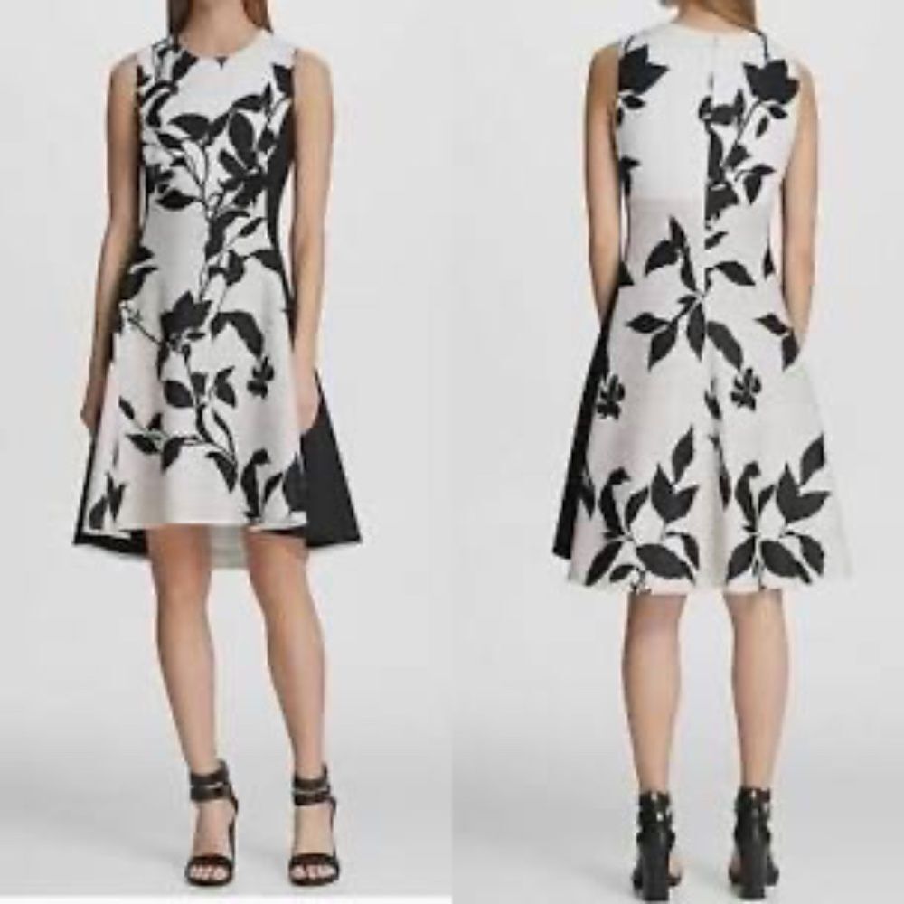DKNY White/Beige/Black Floral Scuba A-Line Dress Sz S